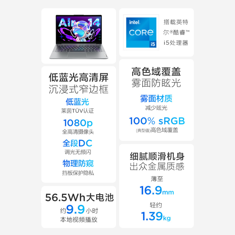 联想小新Air14 2022酷睿版14英寸轻薄笔记本电脑(12代英特尔酷睿i5-1240P 16G 512G 100%sRGB高色域)皓月银高清大图