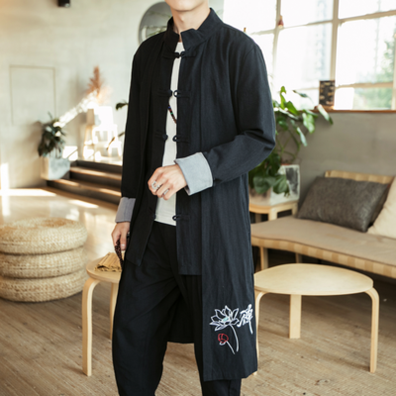 梵克公牛中国风复古男装中式长衫男古风长袍外套亚长袖青年古装