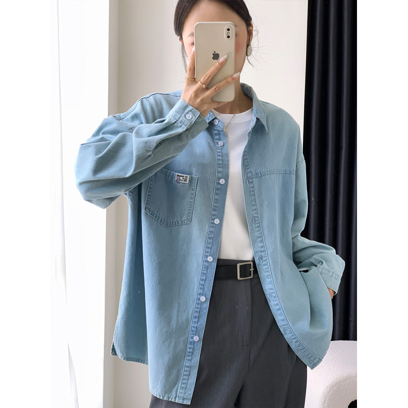 唐狮春秋衬衫女复古牛仔做旧长袖衬衣款外套ins百搭