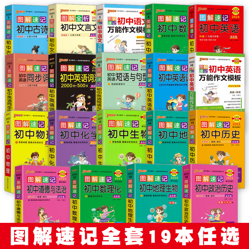 全套9本 绿卡 图解速记 初中通用 [正版]pass绿卡图书图解速记小本口袋书初中英语数学语文古诗文历史地理思想政治物理高清大图
