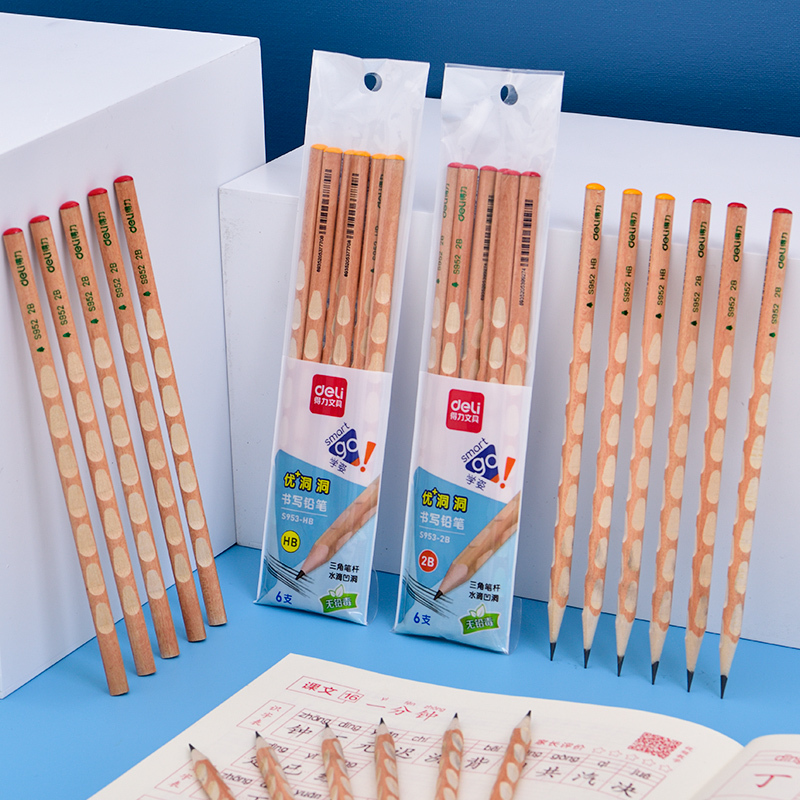 得力(deli)原木娇姿洞洞笔铅笔小学生hb三角杆儿童矫正握姿洞洞铅笔