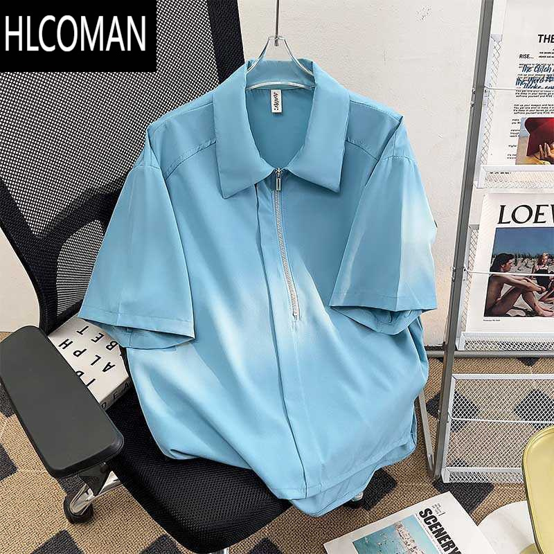 HLCOMAN夏季薄款半拉链短袖衬衫男休闲潮牌高级感日系港风痞帅冰丝polo衫