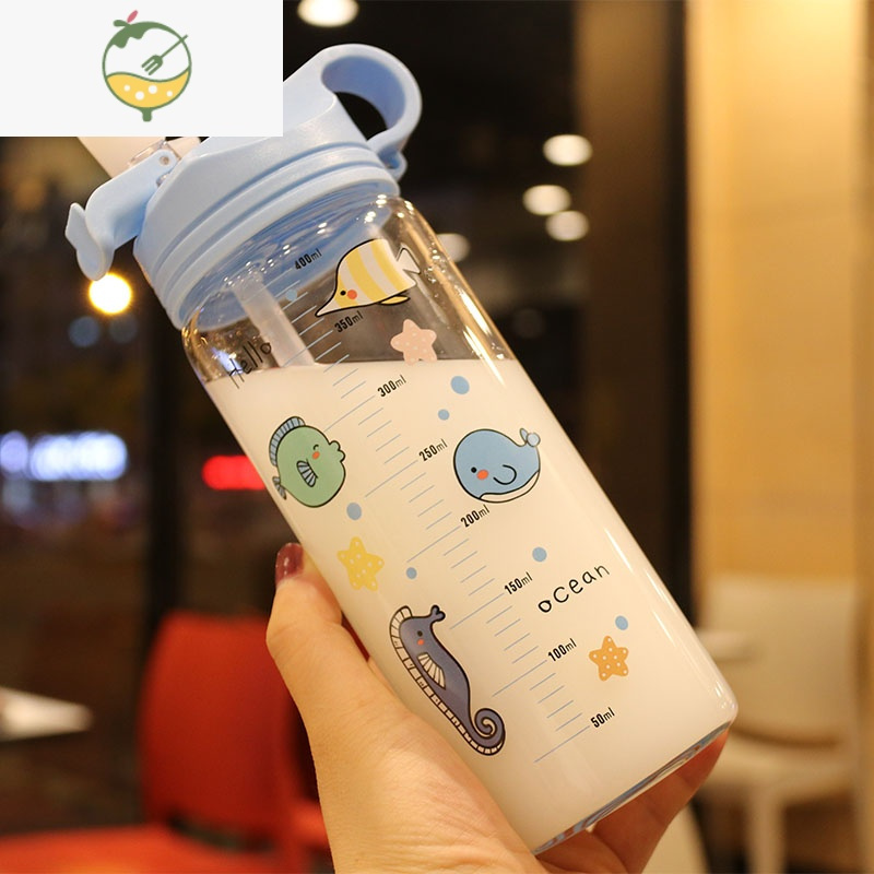 YICHENG孕妇玻璃吸管杯学生情侣随手杯子耐热创意带刻度卡通儿童水杯