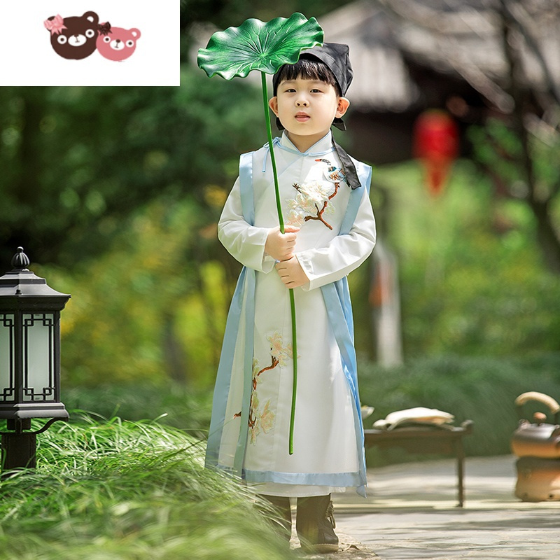绿彩虹光儿童汉服男童古装夏装薄款古风帅气六一表演服国学服唐装演出