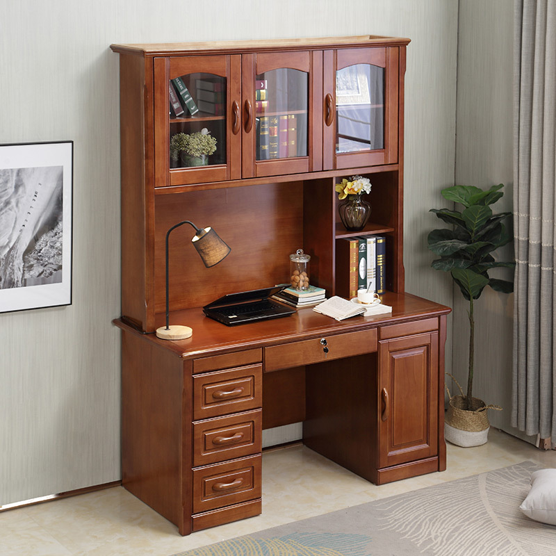 青木川 实木书桌带书架书柜组合一体书柜家用办公桌台式电脑桌成人大小户型学生学习写字桌子1.4米1.2M简约现代高清大图