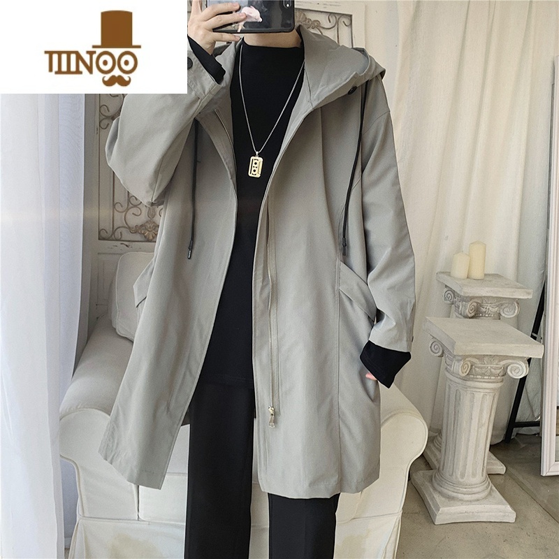 YANXU连帽中长款薄款风衣男英伦风ins潮宽松百搭工装休闲大衣外套高清大图