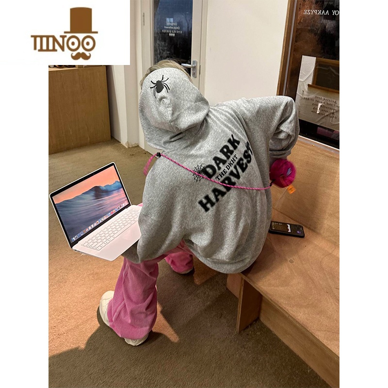 YANXUNECOYEP 2023美式复古蜘蛛印花连帽卫衣高街男女宽松休闲潮流上衣高清大图