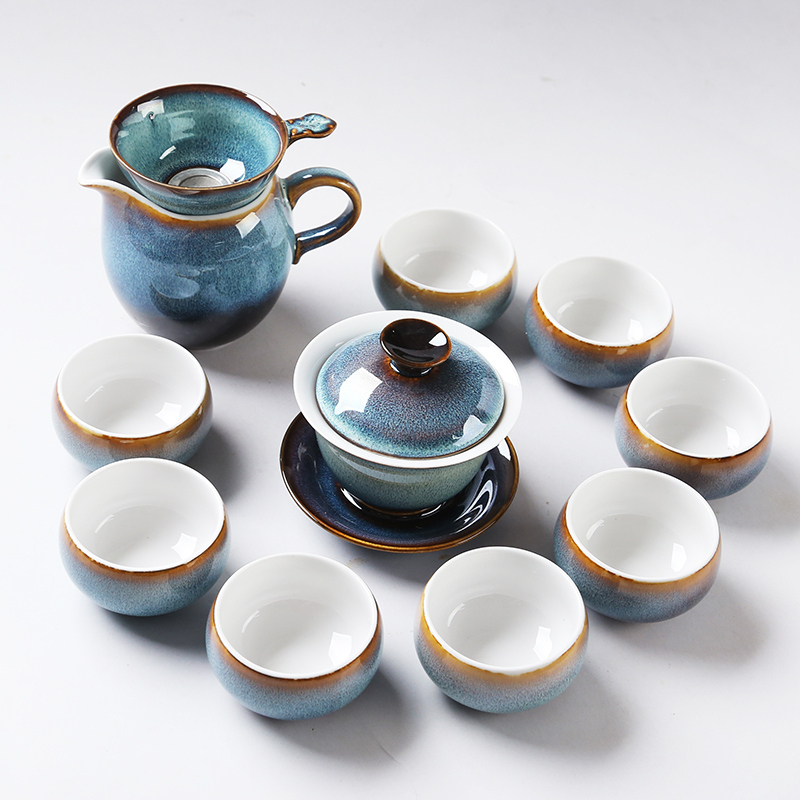 苏氏陶瓷(SUSHI CERAMICS)茶具套装新窑变银丝釉泡茶碗苹果功夫茶杯陶瓷三才盖碗13头礼盒装