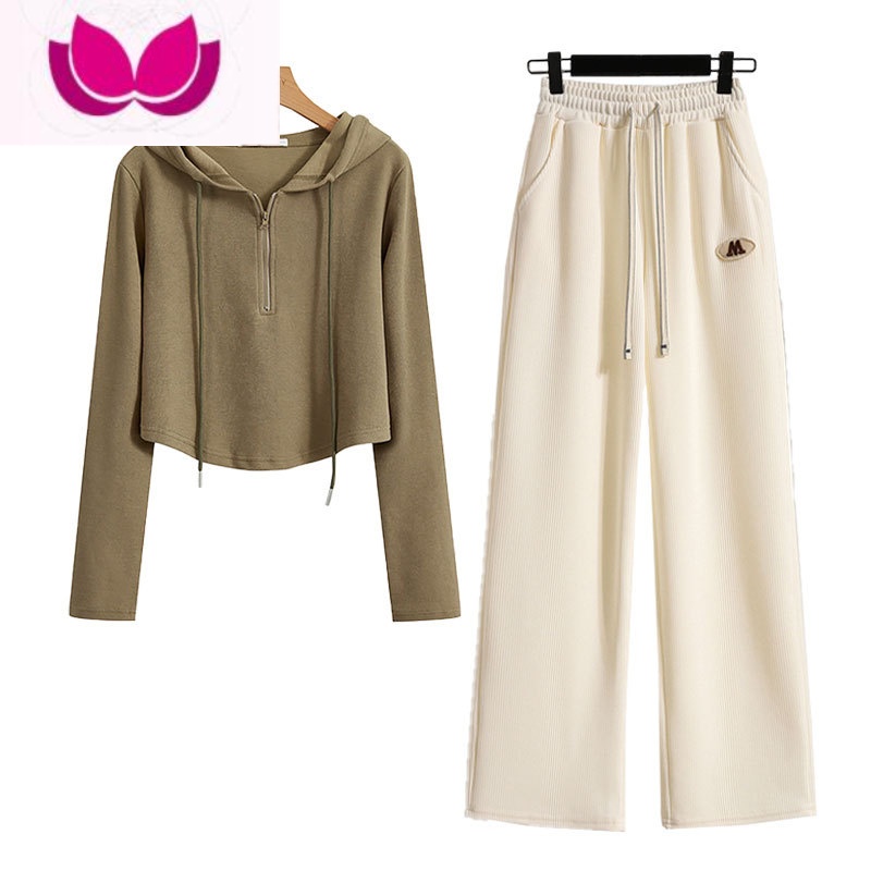 七斓网红炸街套装女春季新款时尚连帽短款上衣高腰显瘦阔腿休闲裤高清大图