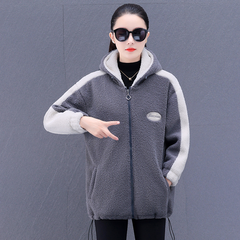 均妮颗粒摇粒绒卫衣外套女秋冬加绒加厚宽松连帽百搭妈妈休闲运动上衣