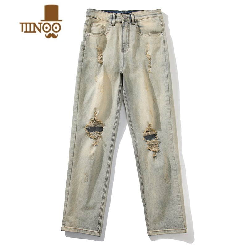 YANXU街头复古水洗破洞牛仔裤男款夏季新款百搭美式直筒裤百搭长裤高清大图
