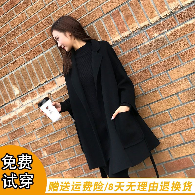 黑色呢子大衣外套女潮ins秋冬新款韩版休闲气质毛呢外套女中长款