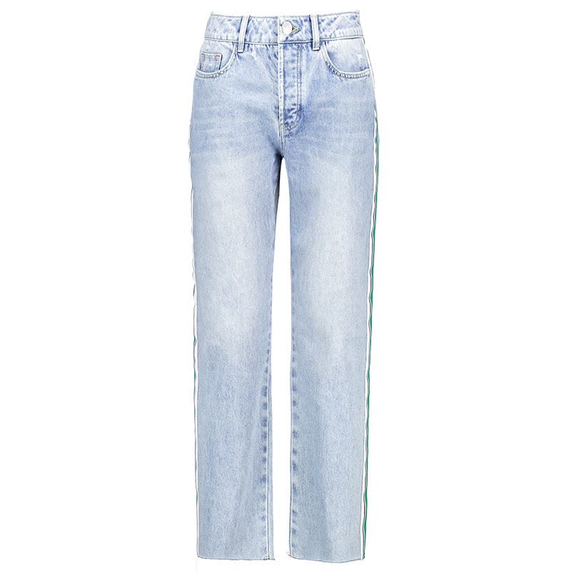 逸阳2020春新款牛仔直筒裤女毛边裤脚时尚侧边条宽松显瘦九分裤子图片