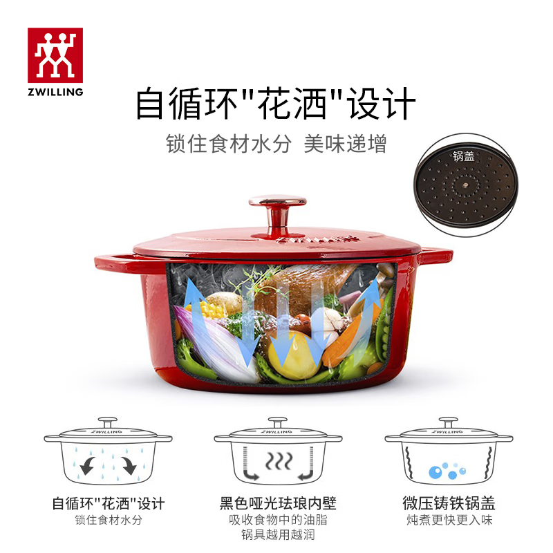双立人(ZWILLING)珐琅锅汤锅炖锅铸铁锅双耳煲汤锅平底锅烹饪锅具电磁炉燃气通用 红色 20cm