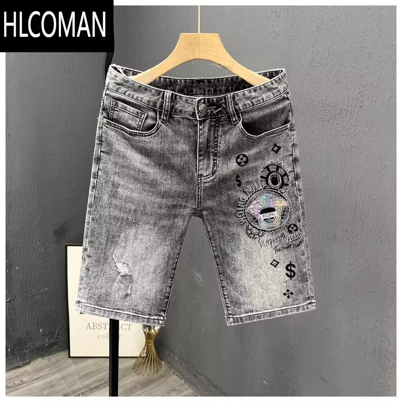 HLCOMAN2024夏季新款男士水洗潮牌烫钻弹力休闲牛仔短裤外穿百搭五分中裤