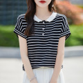 棉短袖T恤条纹娃娃领夏季新款宽松针织衫上衣撞色半袖批地 XL 黑色条纹