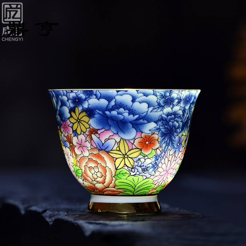 鼎亨珐琅彩品茗杯主人杯陶瓷功夫茶具单杯小茶杯青花瓷景德镇描金
