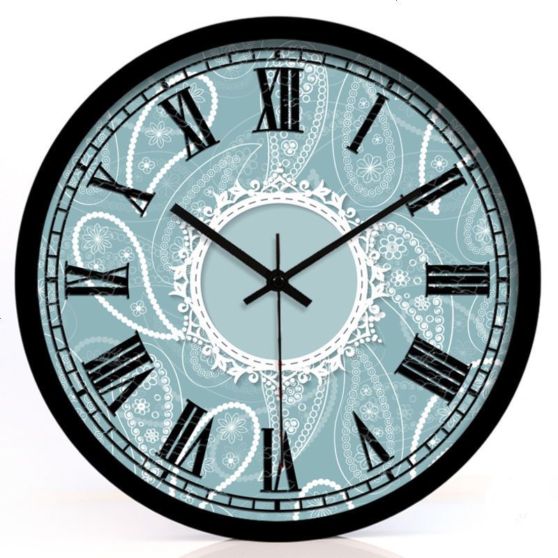欧式冰蓝美式蓝色巴洛克花纹石英钟静音钟表艺术挂钟创意挂表