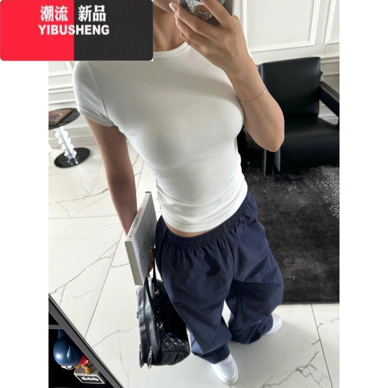 YIBUSHENG基础款美式辣妹紧身正肩短袖t恤女季2024新款修身收腰短款上基高清大图