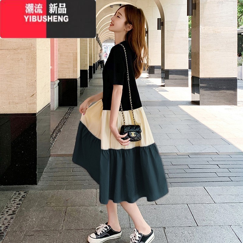 YIBUSHENG装时尚拼接撞色连衣裙韩版宽松中长款大码藏肉t恤裙潮短袖上衣高清大图
