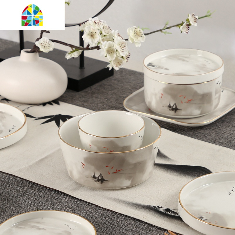 新中式网红轻奢水墨山水画陶瓷餐具 家用碗盘碟组合套装客厅摆件 FENGHOU 马克杯(北欧山水)