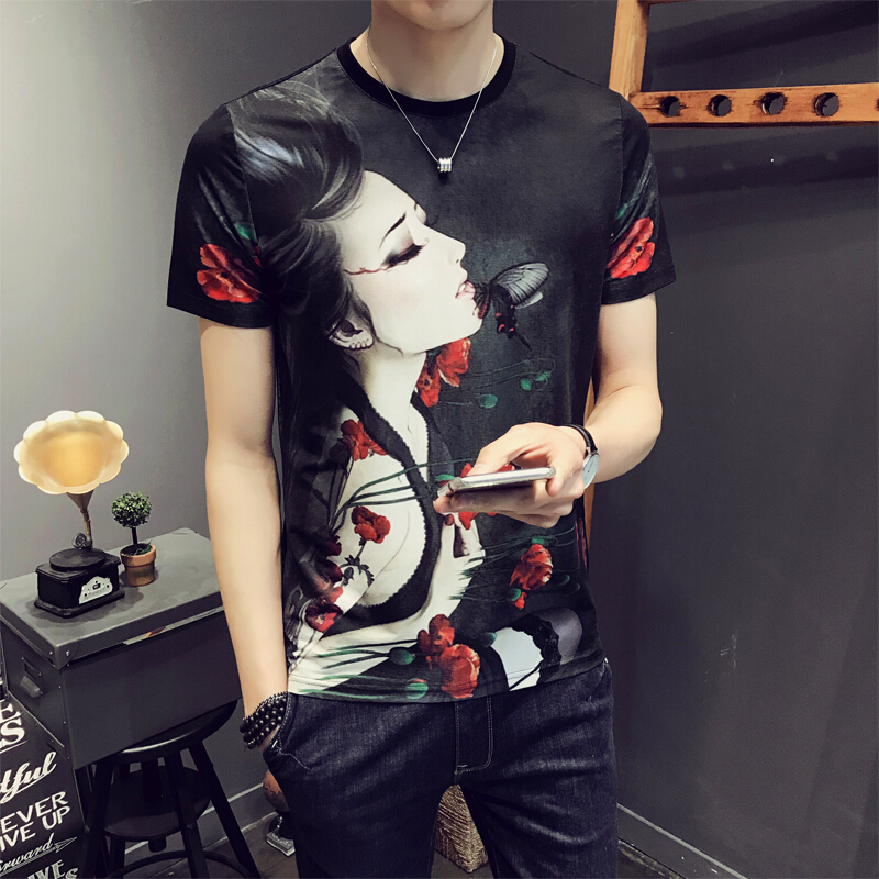 夏季美女印花短袖T恤男装潮流时尚半袖体恤加肥加大码衣服黑色