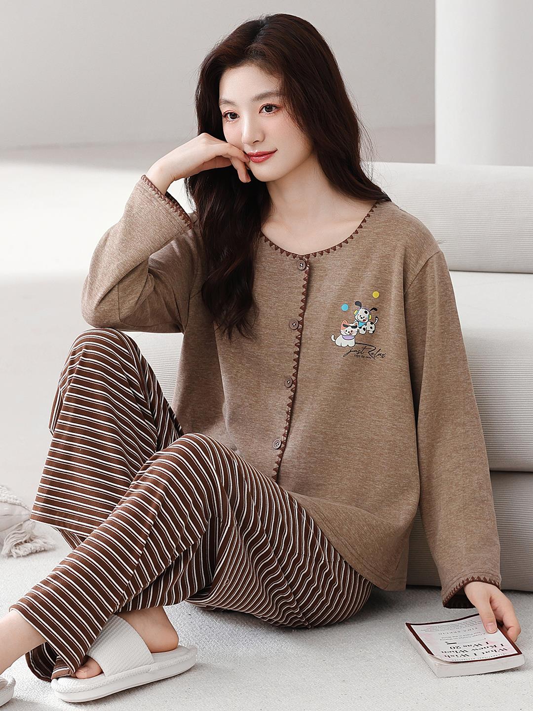 啄木鸟秋冬季睡衣女德绒羊毛蚕丝棕色春秋季加厚保暖家居服套睡高清大图