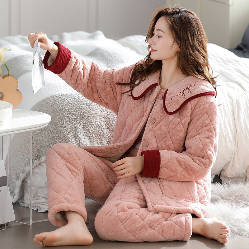 权小威妈妈装夹棉睡衣女士冬季三层加厚加绒棉袄秋冬款家居服套装