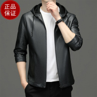 专柜大牌|连帽生态皮夹克男秋冬高品质男士帽款皮衣|薄厚可选打底衫100纯羊毛衫套头商务羊_792 L/175 灰色（薄款内里）