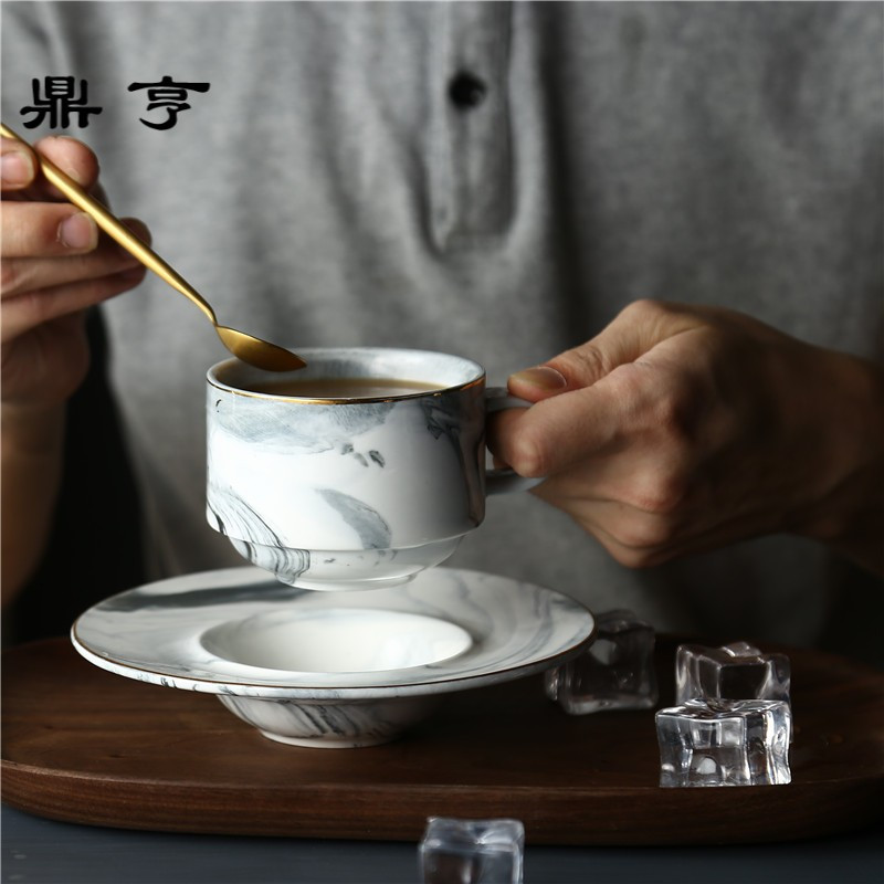 鼎亨北欧式简约创意大理石纹陶瓷咖啡杯碟套装英式下午茶红茶描金