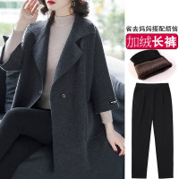 恒源祥中年妈妈秋冬装洋气外套2024新款中老年女装春羊毛呢大风衣 2XL推荐145-165斤 灰色+加绒长裤