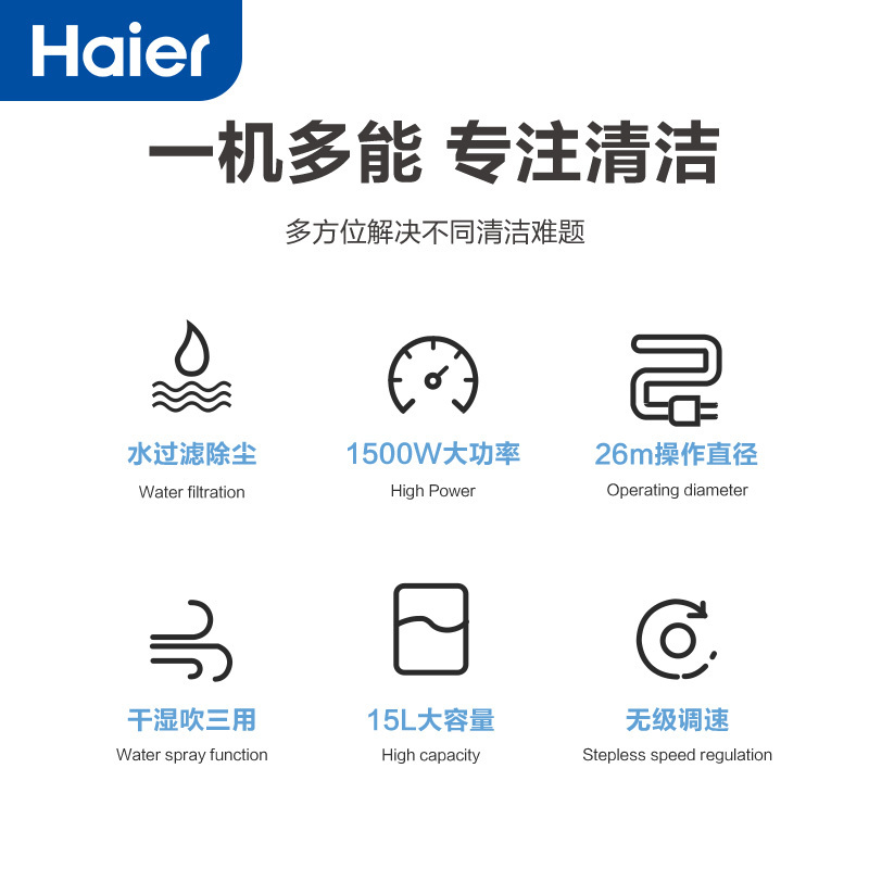 海尔(Haier)桶式吸尘器家用水过滤干湿两用强大吸力吸尘器大功率吸尘机 HZ-T5155B Plus