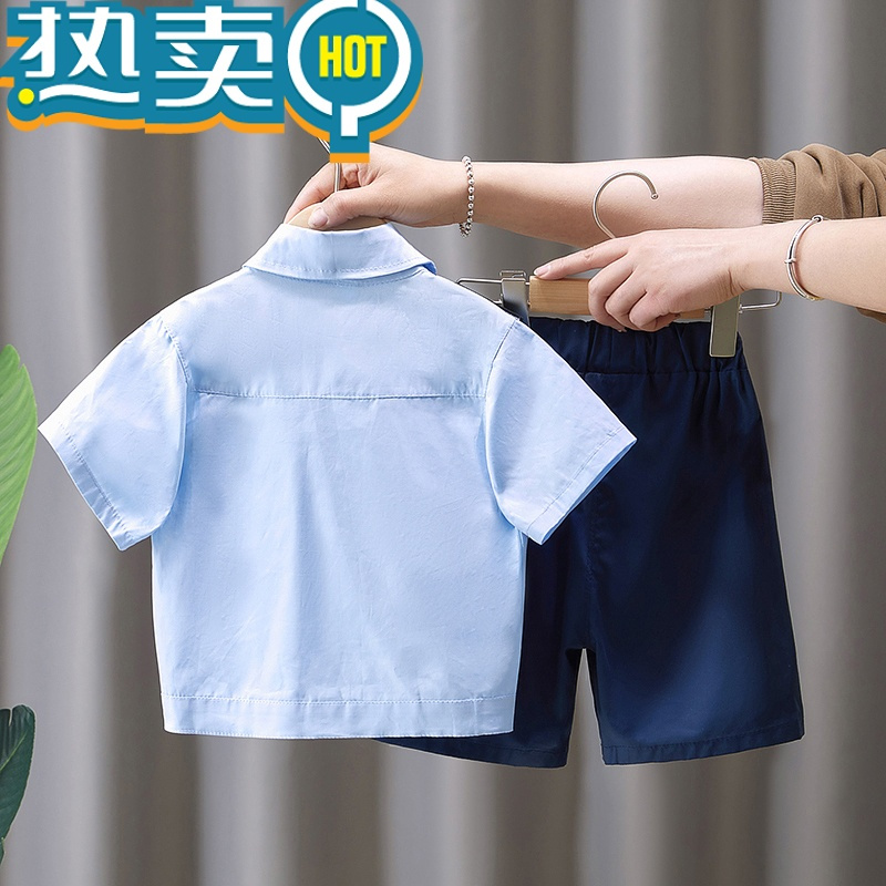 绿彩虹光男童套装夏季2023新款洋气儿童男孩六一短袖衣服宝宝警长演出服潮
