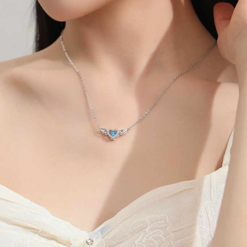 鑫铂尼925银丘比特之心项链锁骨链爱心天使翅膀吊坠送女友生日纪念