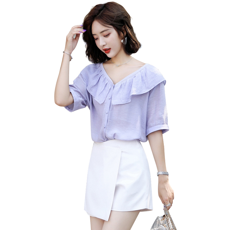 年轻风套装夏款省心搭配荷叶边漏肩短袖气质雪纺上衣配短裤两件套