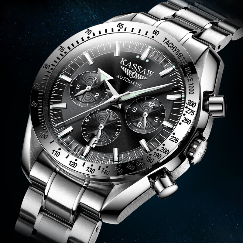 卡梭kassaw手表男士自动机械表时尚多功能运动钢带男表防水夜光大表盘