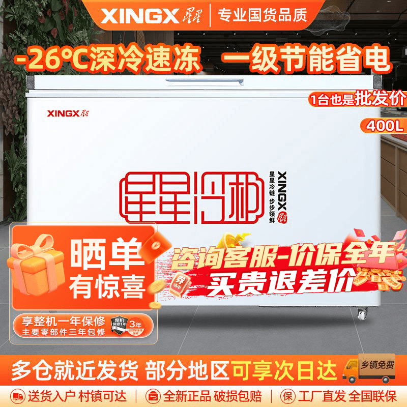 星星(XINGX) 400升 商用卧式冷柜 冷藏冷冻转换 冰柜 商用保鲜设备 微霜系统 节能省电 BD/BC-400R