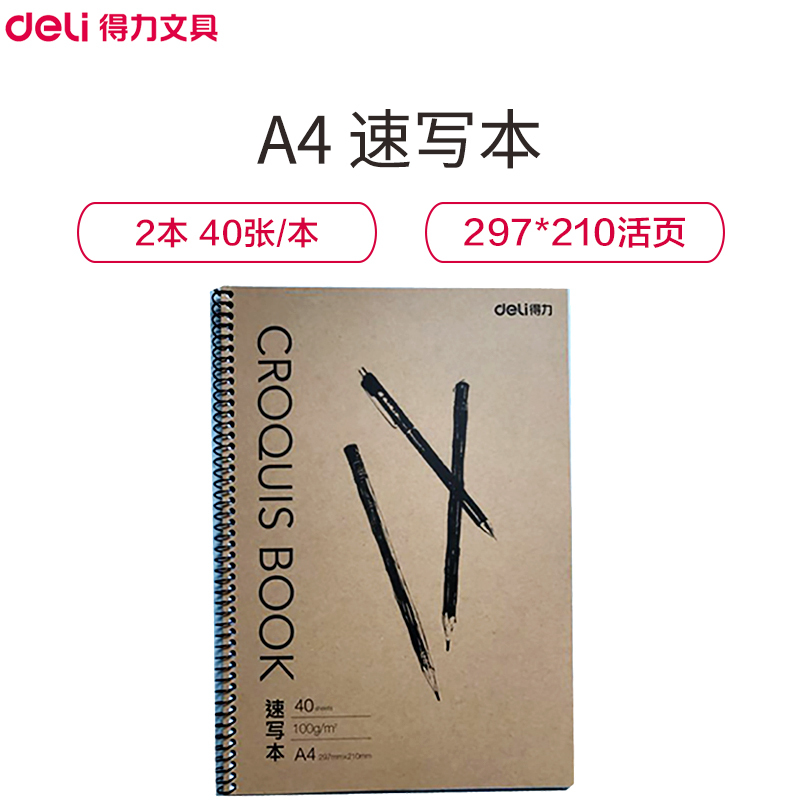 得力(deli)7696 A4速写本 2本 40页/本 学生美术用纸 素描本速写纸 涂鸦绘画本 美术用品 螺旋活页绘画本