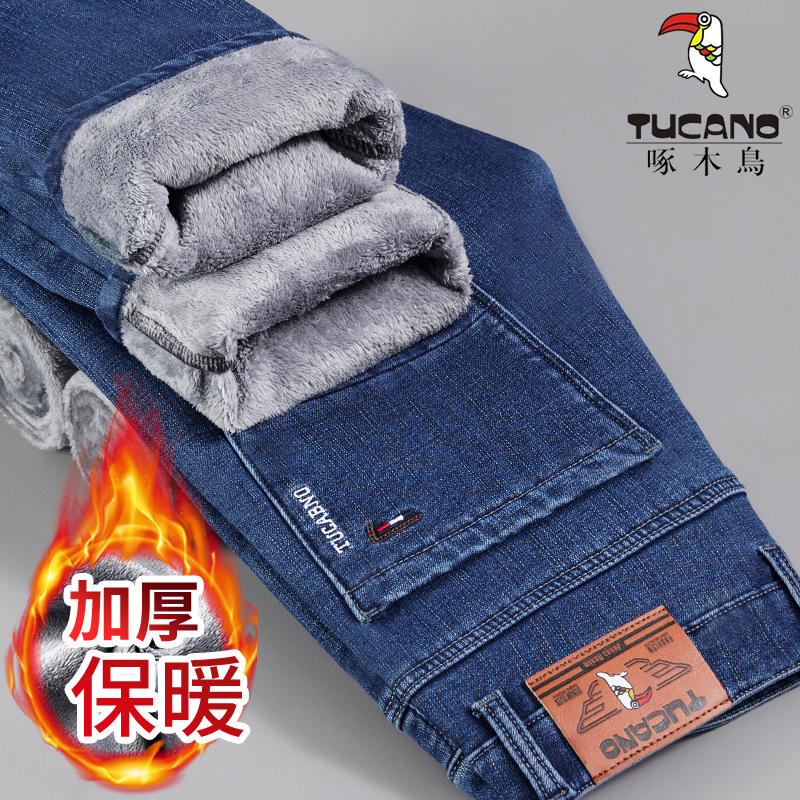 正品啄木鸟加绒牛仔裤男士秋冬加厚宽松弹力直筒修身休闲百搭男绒高清大图