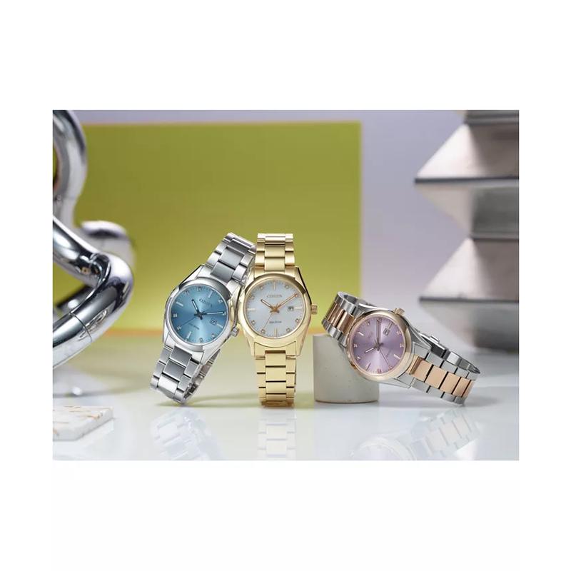 西铁城(CITIZEN)光动能女士运动豪华款间金不锈钢腕表33mm粉钻夜光日期高清大图