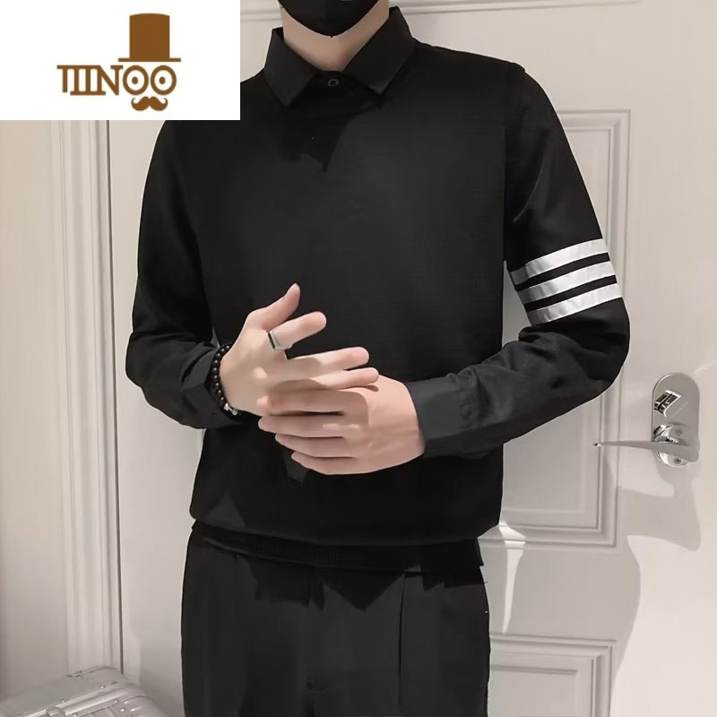 YANXU假毛衣男潮流三杠衬衫领欧洲站百搭套头上衣针织打底衫