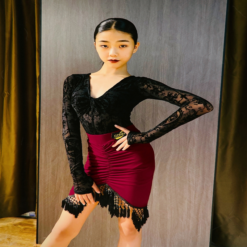 新款拉丁舞服套装长袖女儿童闪电客网红舞蹈练功裙子比赛表演出服