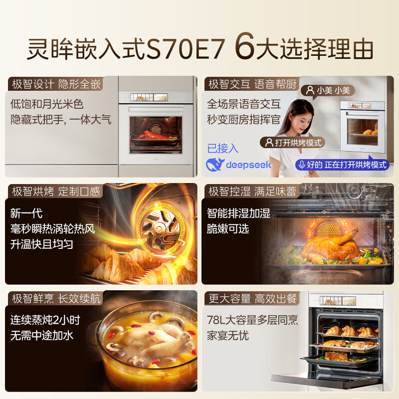 美的[AI语音交互]78L大容量灵眸嵌入式蒸烤箱一体机E7 温湿双控纯平全嵌 AI智慧蒸烤炸炖4合1体S70E7高清大图