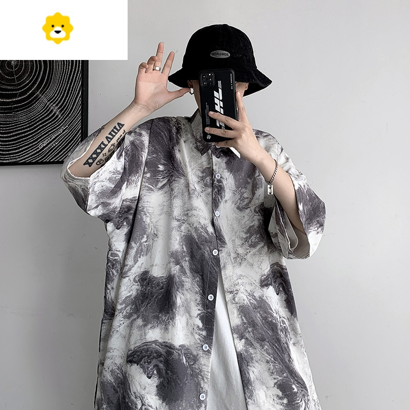 fish basket胖子冰丝半袖衬衫男大码新款季痞帅短袖花衬衣宽松潮流五