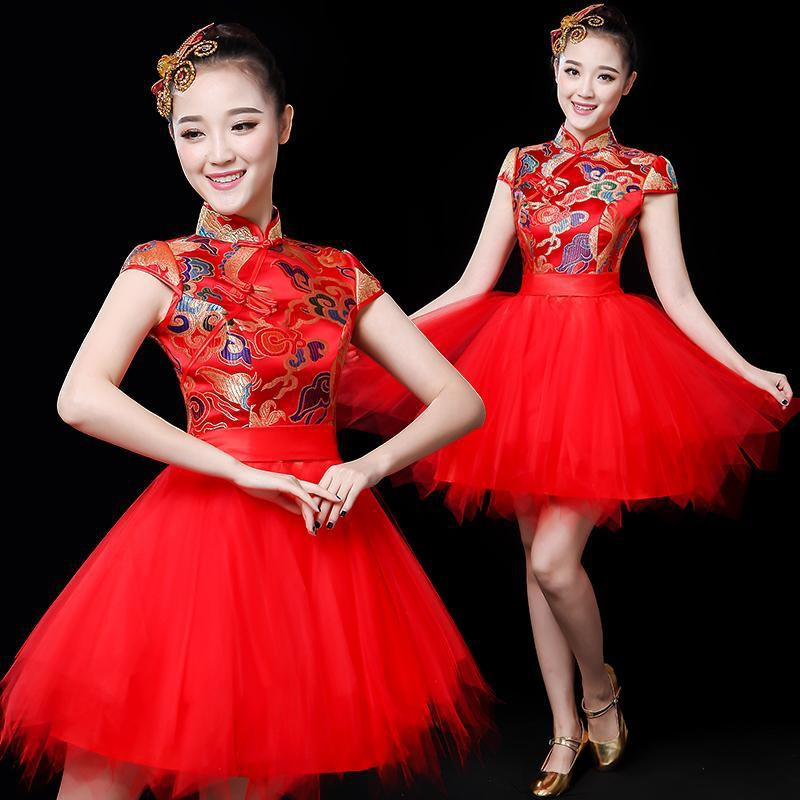 打鼓服装新款女中国风舞蹈服快板舞演出服成人腰鼓套装短裙广场舞红色