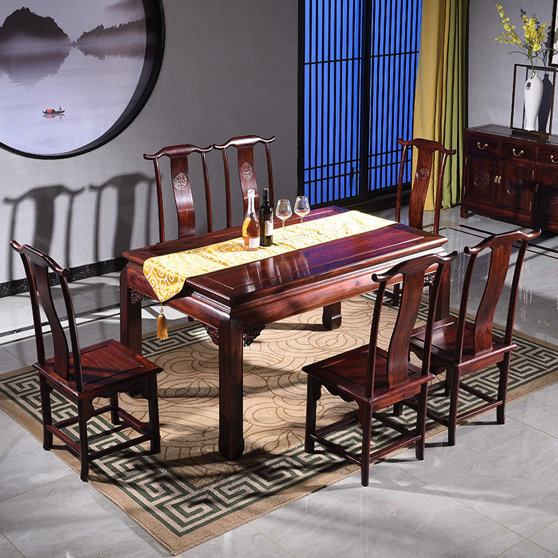 木中央红木家具印尼黑酸枝学名阔叶黄檀明式实木餐桌椅组合1518米素面
