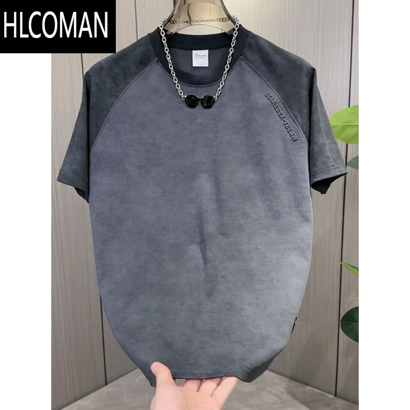 HLCOMAN夏季新款潮流男士撞色拼接半袖打底网红扎染设计感体恤衫短袖