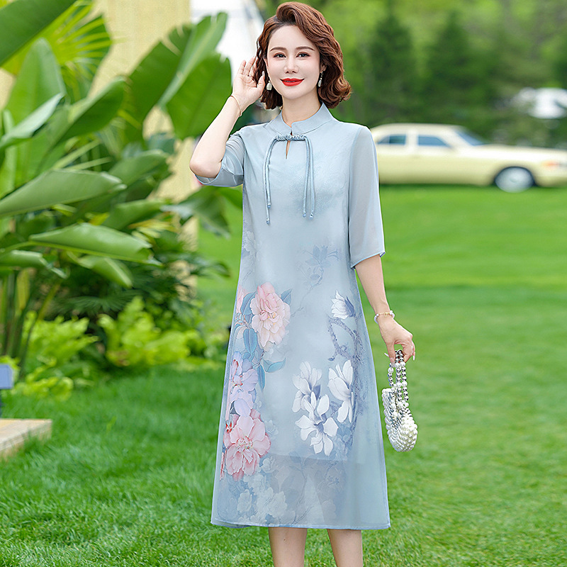 纤孜雅 新中式妈妈夏装连衣裙2025新款中老年国风女装夏季宽松雪纺长裙子高清大图