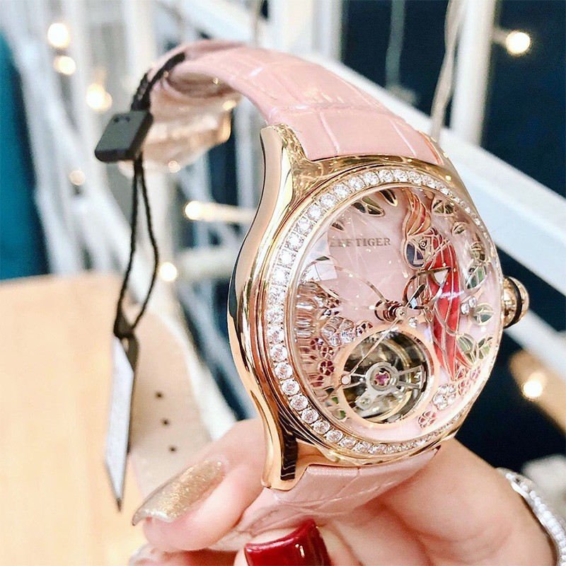 瑞夫泰格(REEF TIGER)女士手表全自动机械表女表新款时尚潮流镶钻镂空皮表带防水3D鹦鹉手表RGA7015高清大图