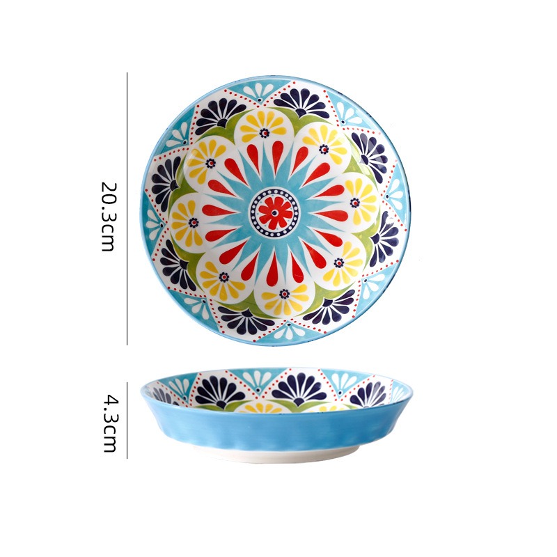 波西米亚家用烤盘手柄碗餐具套装高颜值饭碗双耳汤碗盘子太阳花8英寸石纹饭盘1036高清大图